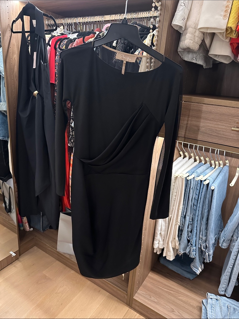BCBGMaxAzria Black Long-Sleeve Draped Waist Sheer back  Dress